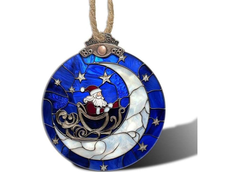 Santa Claus On Crescent Moon Acrylic Christmas Ornament